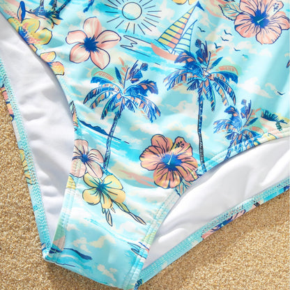 Flower Print Neck Tie Spaghetti Strap Two Pieces Matching Swimsuits and Drawstring Swim Trunks - ChildAngle