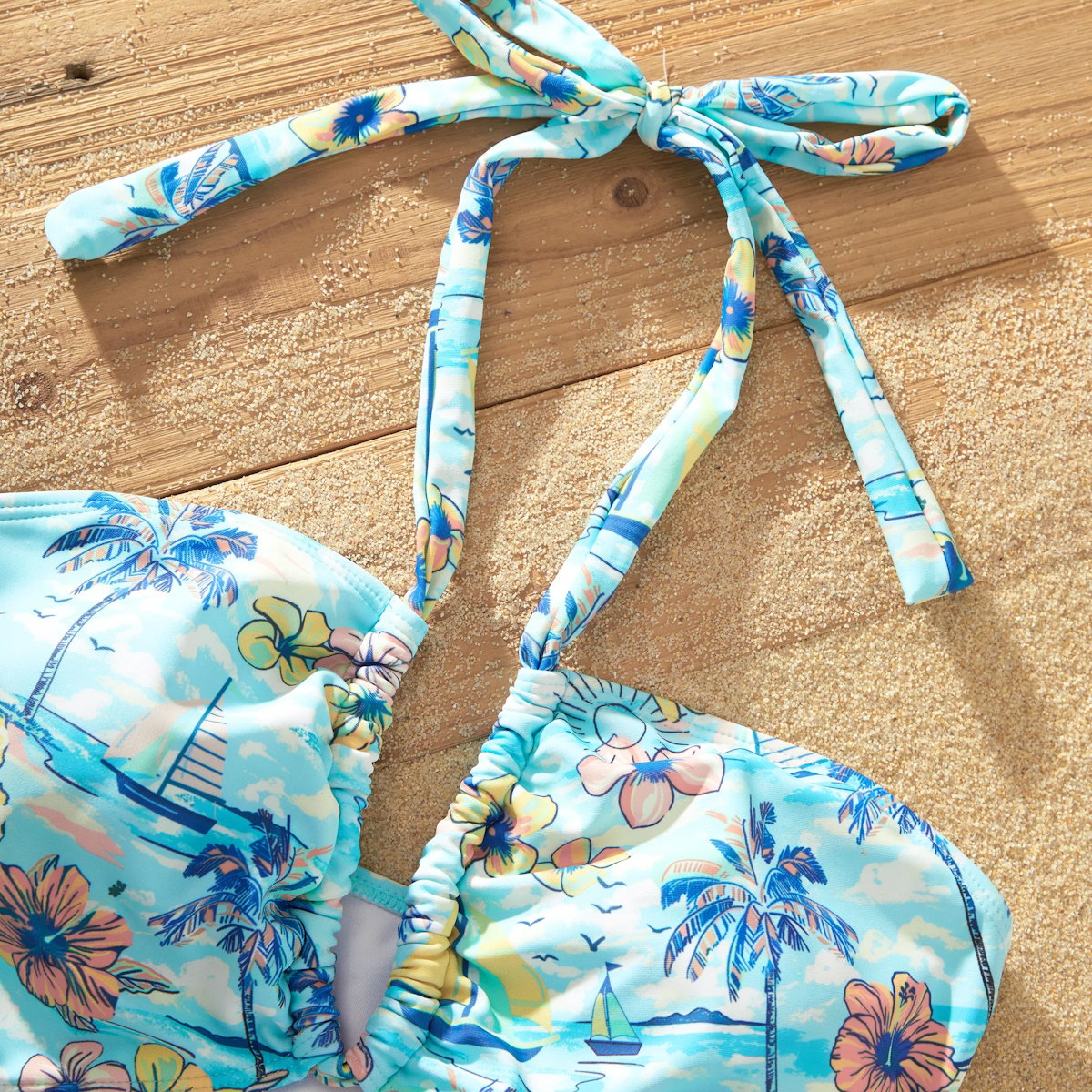 Flower Print Neck Tie Spaghetti Strap Two Pieces Matching Swimsuits and Drawstring Swim Trunks - ChildAngle