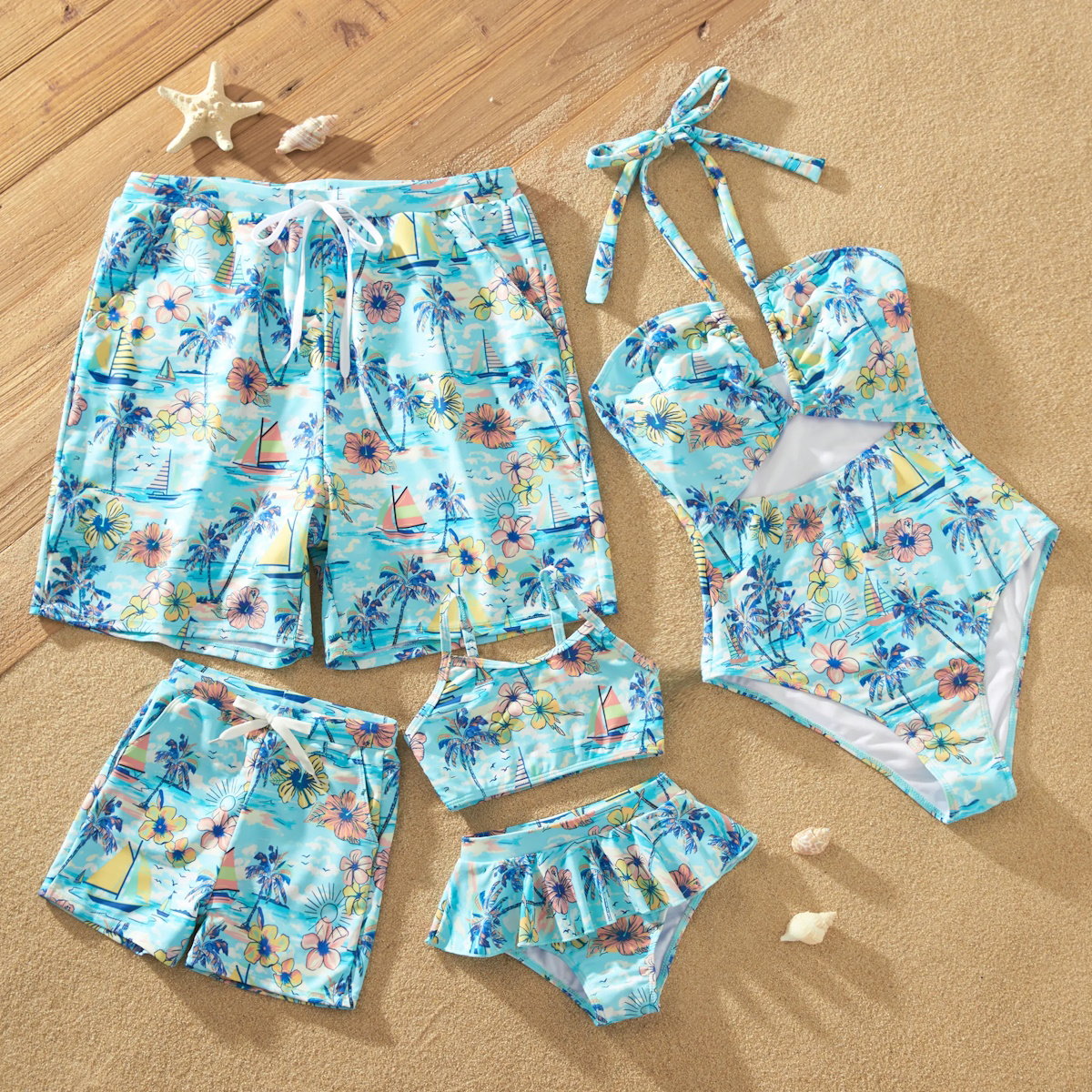Flower Print Neck Tie Spaghetti Strap Two Pieces Matching Swimsuits and Drawstring Swim Trunks - ChildAngle