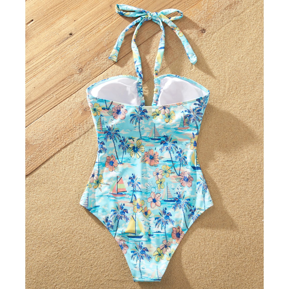Flower Print Neck Tie Spaghetti Strap Two Pieces Matching Swimsuits and Drawstring Swim Trunks - ChildAngle