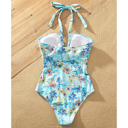 Flower Print Neck Tie Spaghetti Strap Two Pieces Matching Swimsuits and Drawstring Swim Trunks - ChildAngle