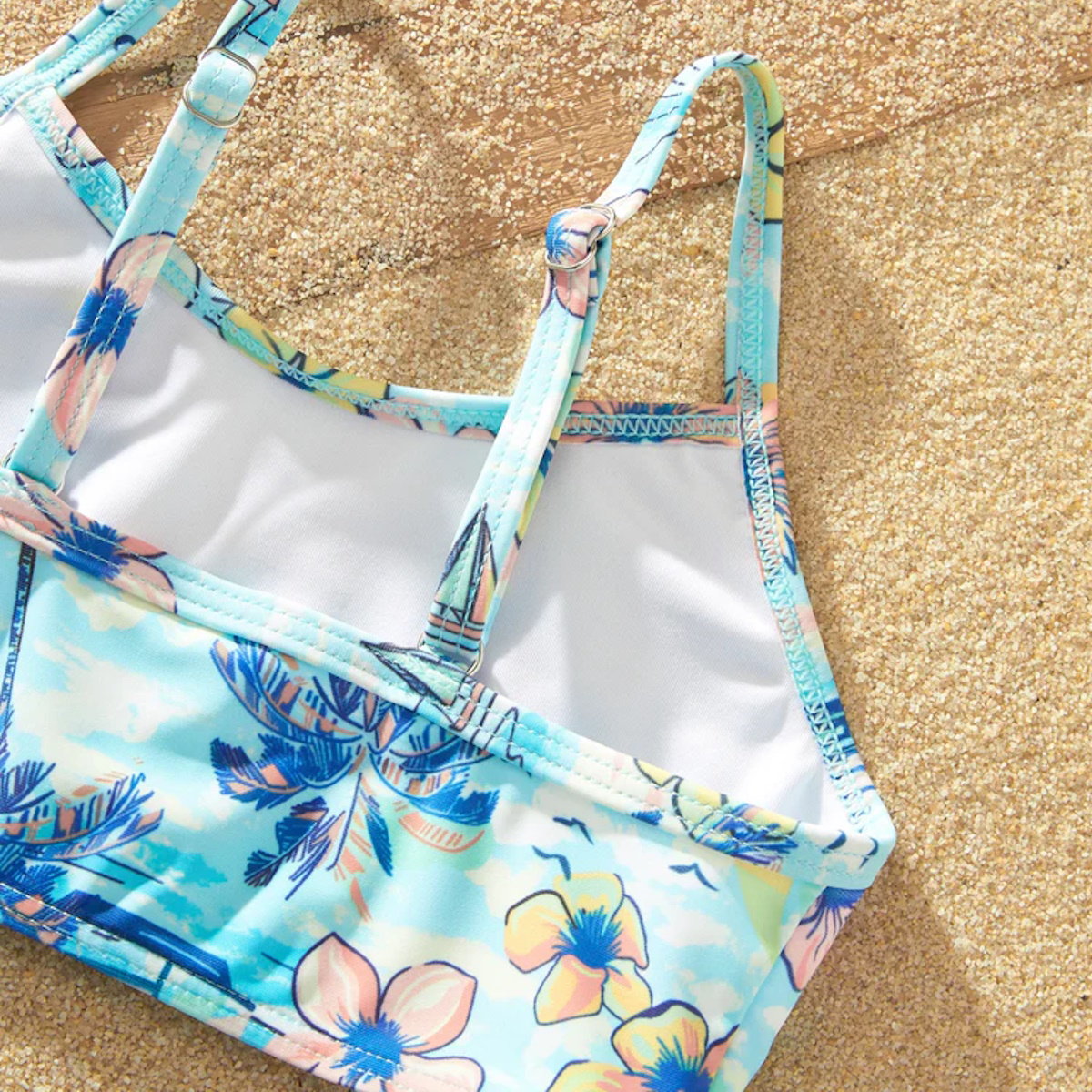 Flower Print Neck Tie Spaghetti Strap Two Pieces Matching Swimsuits and Drawstring Swim Trunks - ChildAngle