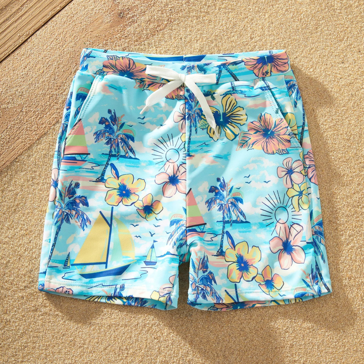 Flower Print Neck Tie Spaghetti Strap Two Pieces Matching Swimsuits and Drawstring Swim Trunks - ChildAngle
