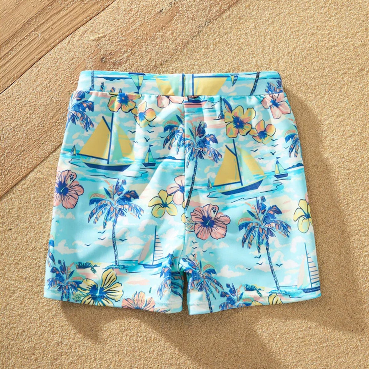 Flower Print Neck Tie Spaghetti Strap Two Pieces Matching Swimsuits and Drawstring Swim Trunks - ChildAngle
