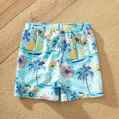 Flower Print Neck Tie Spaghetti Strap Two Pieces Matching Swimsuits and Drawstring Swim Trunks - ChildAngle