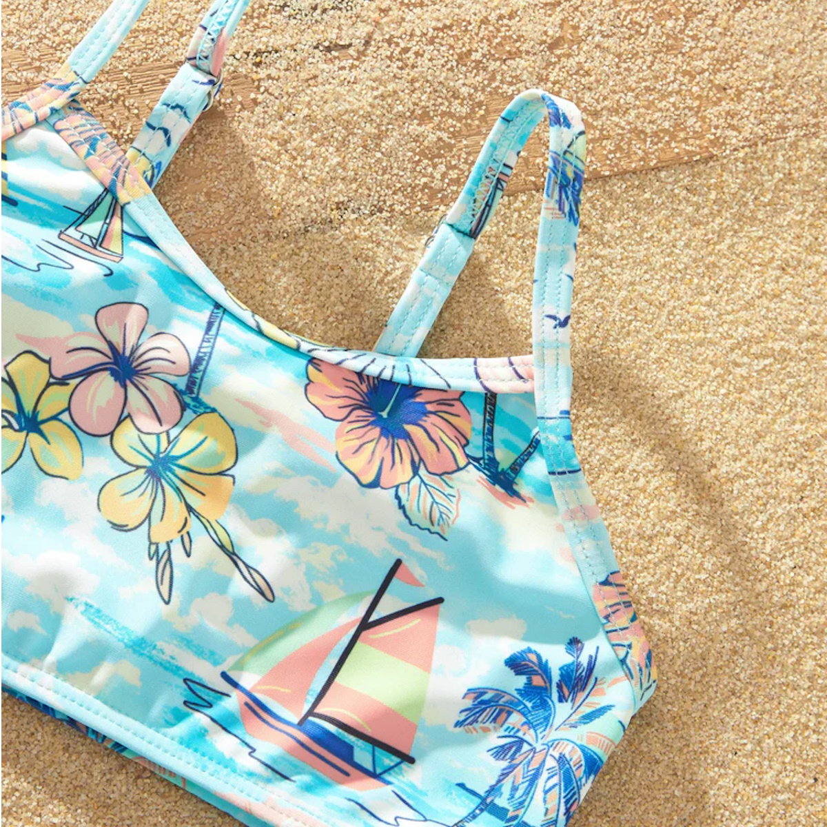 Flower Print Neck Tie Spaghetti Strap Two Pieces Matching Swimsuits and Drawstring Swim Trunks - ChildAngle