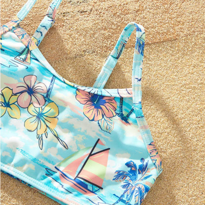 Flower Print Neck Tie Spaghetti Strap Two Pieces Matching Swimsuits and Drawstring Swim Trunks - ChildAngle