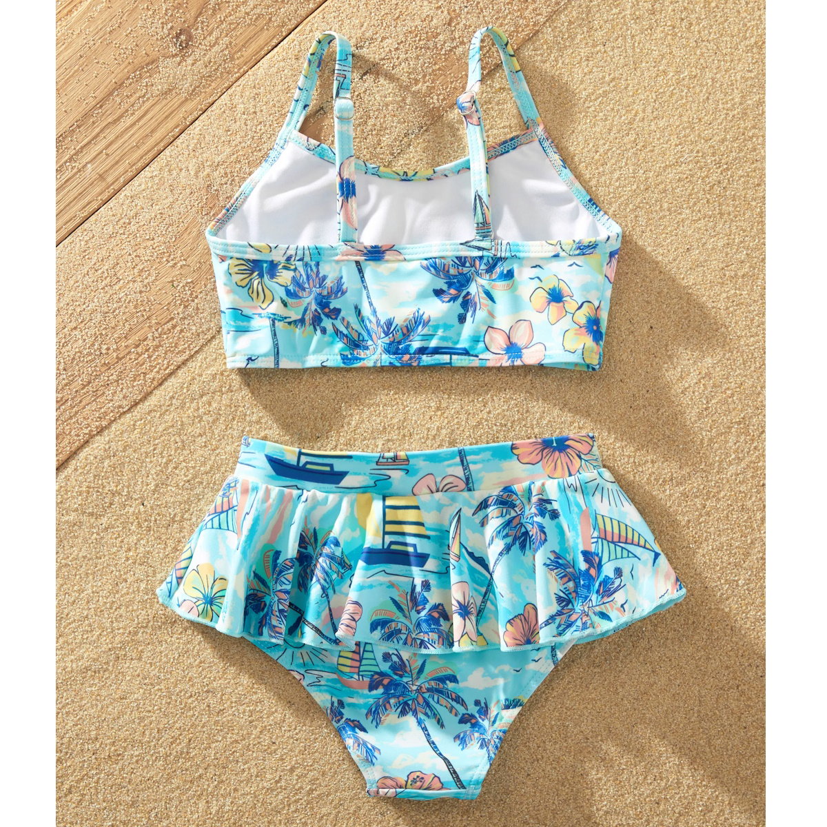 Flower Print Neck Tie Spaghetti Strap Two Pieces Matching Swimsuits and Drawstring Swim Trunks - ChildAngle