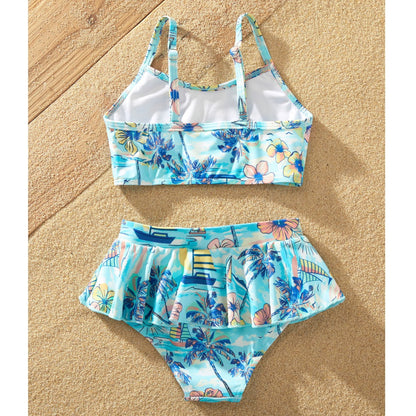 Flower Print Neck Tie Spaghetti Strap Two Pieces Matching Swimsuits and Drawstring Swim Trunks - ChildAngle
