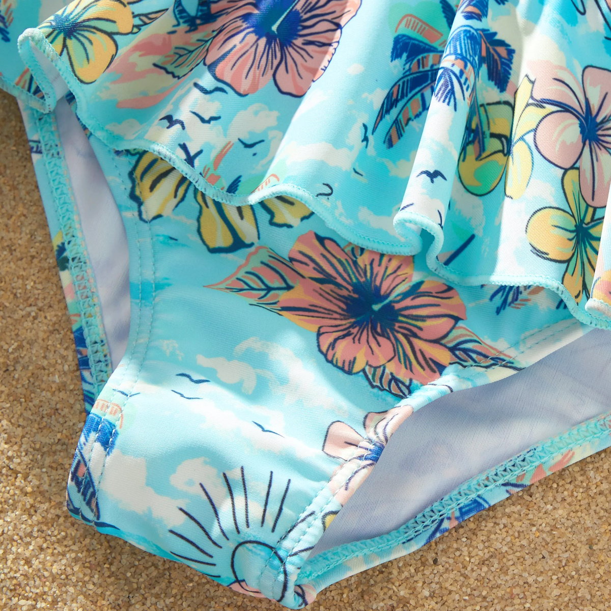Flower Print Neck Tie Spaghetti Strap Two Pieces Matching Swimsuits and Drawstring Swim Trunks - ChildAngle