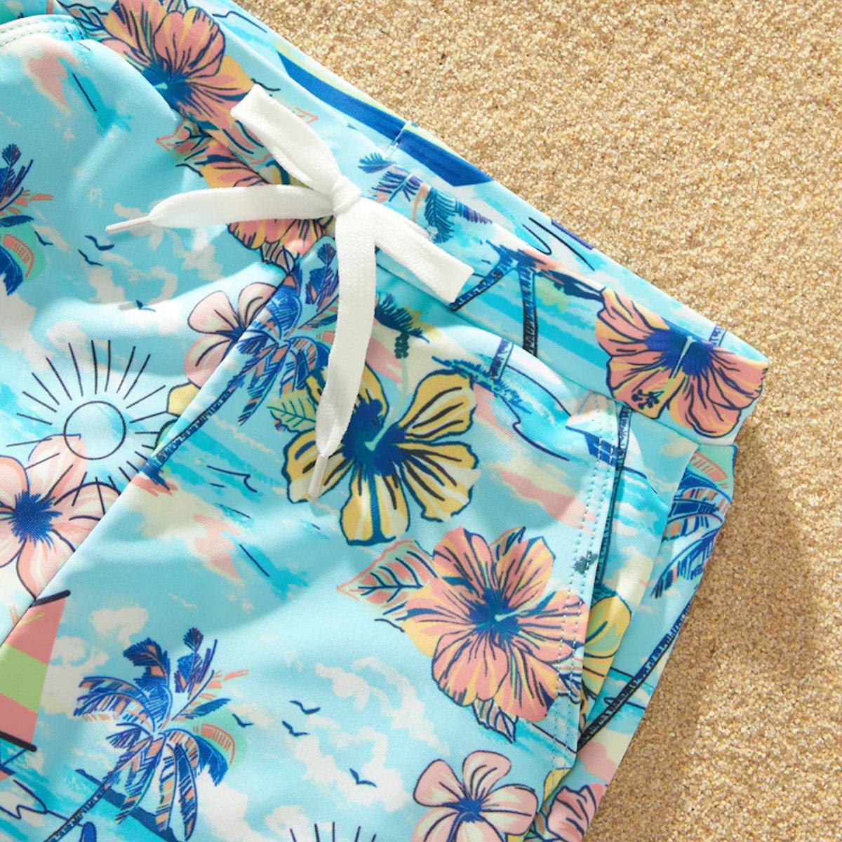 Flower Print Neck Tie Spaghetti Strap Two Pieces Matching Swimsuits and Drawstring Swim Trunks - ChildAngle