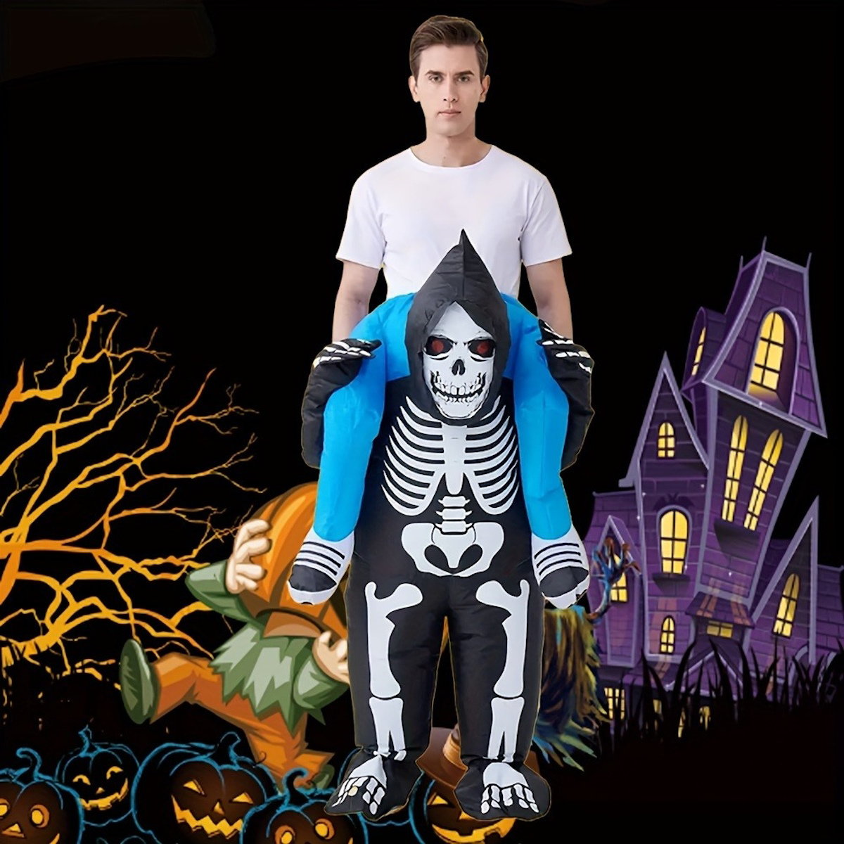 Skeleton Ghost Rider Costume Cosplay Halloween Inflatables - ChildAngle