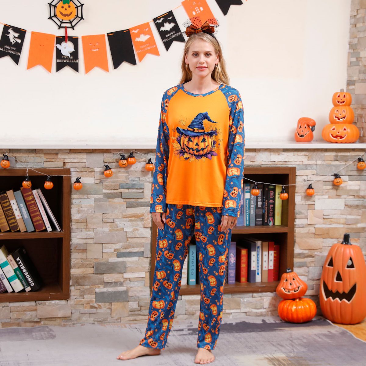 Halloween Family Pajama Witch Hat Pumpkin Matching Halloween Pumpkin Print Sleepwear Family Look Pyjamas - ChildAngle