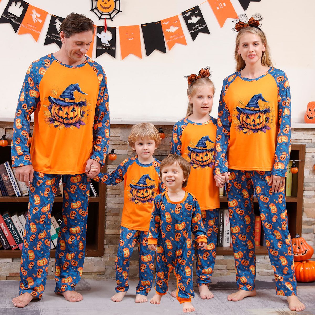 Halloween Family Pajama Witch Hat Pumpkin Matching Halloween Pumpkin Print Sleepwear Family Look Pyjamas - ChildAngle