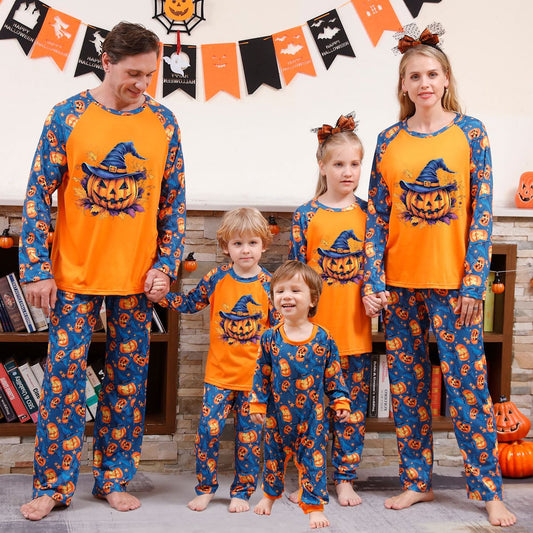 Halloween Family Pajama Witch Hat Pumpkin Matching Halloween Pumpkin Print Sleepwear Family Look Pyjamas - ChildAngle