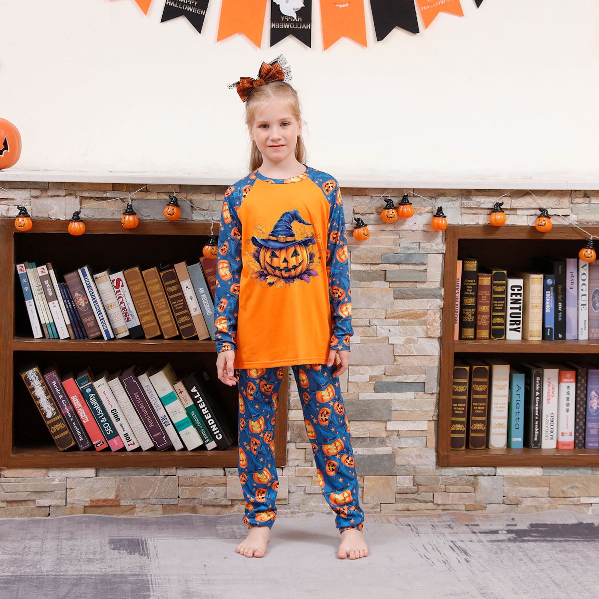 Halloween Family Pajama Witch Hat Pumpkin Matching Halloween Pumpkin Print Sleepwear Family Look Pyjamas - ChildAngle
