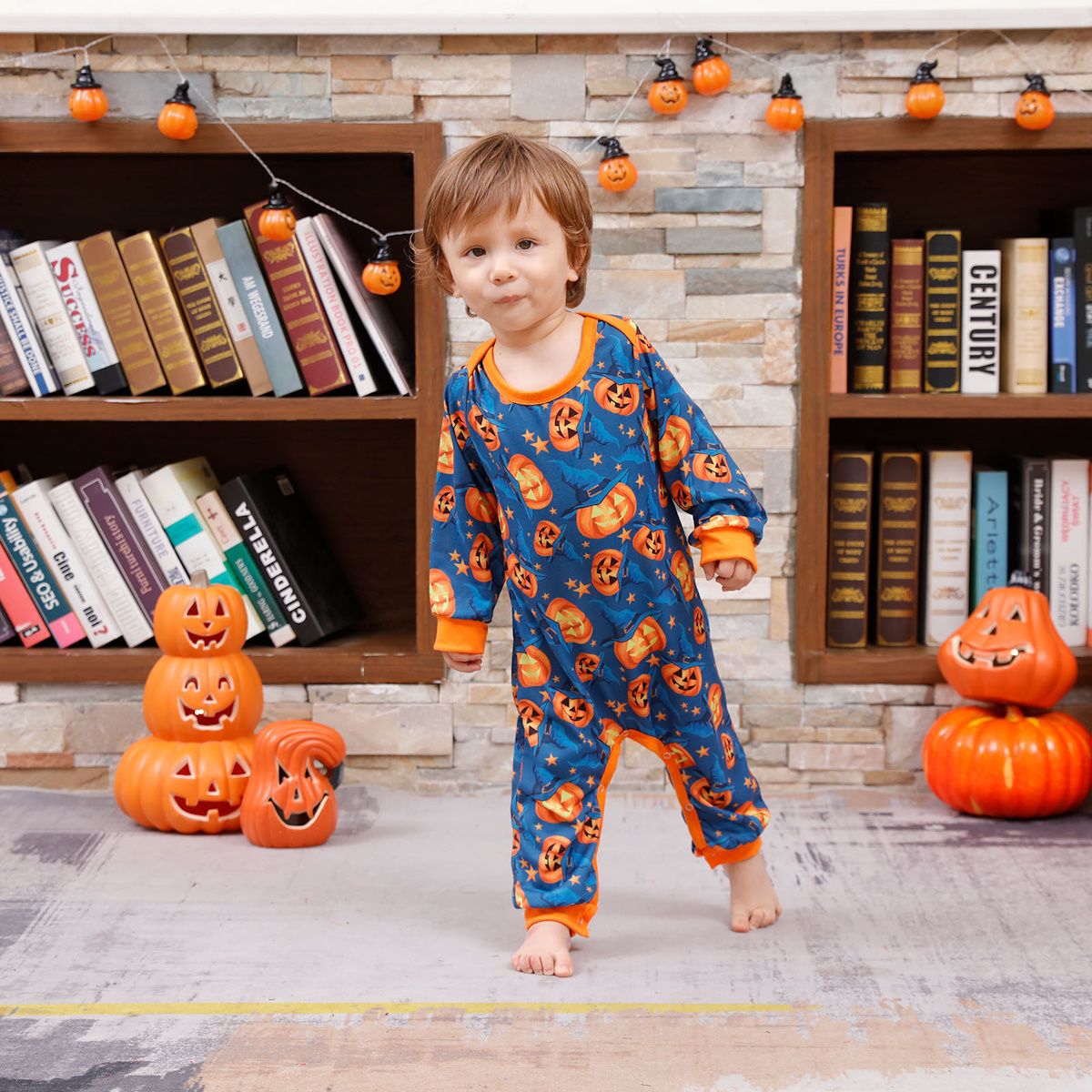 Halloween Family Pajama Witch Hat Pumpkin Matching Halloween Pumpkin Print Sleepwear Family Look Pyjamas - ChildAngle