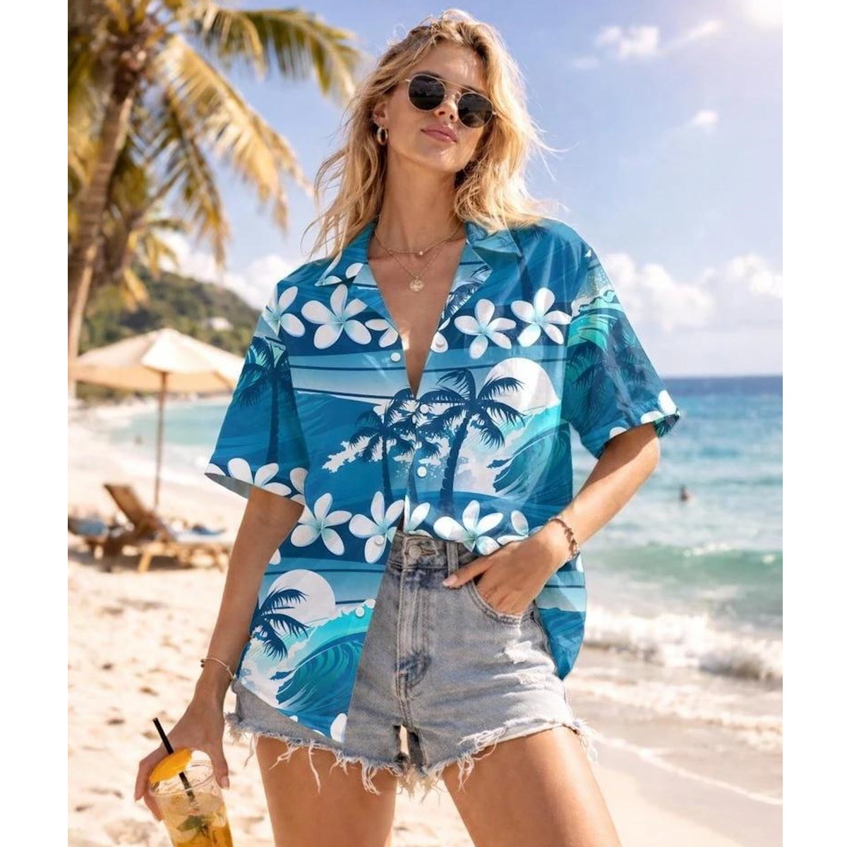 Blue Coconut Tree Pattern Family Matching Shirts for Beach - ChildAngle