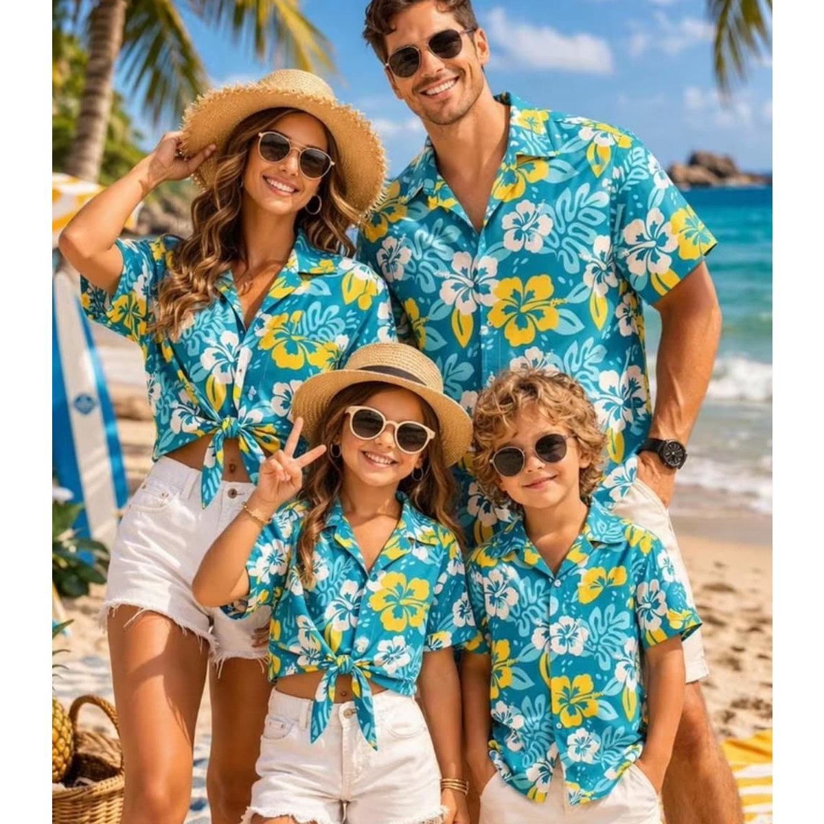 Blue and Yellow Flower Palm Leaves Family Matching Shirts Set - ChildAngle Hawaiian Matching Family Shirts for Beach Vacation