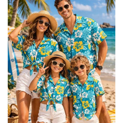 Blue and Yellow Flower Palm Leaves Family Matching Shirts Set - ChildAngle Hawaiian Matching Family Shirts for Beach Vacation
