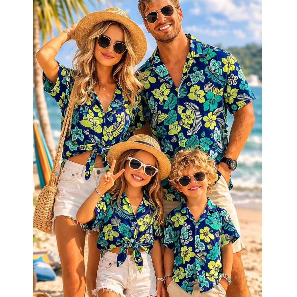 Blue and Yellow Flower Palm Leaves Family Matching Shirts Set - ChildAngle Hawaiian Matching Family Shirts for Beach Vacation