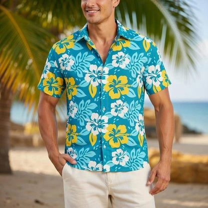 Blue and Yellow Flower Palm Leaves Family Matching Shirts Set - ChildAngle Hawaiian Matching Family Shirts for Beach Vacation