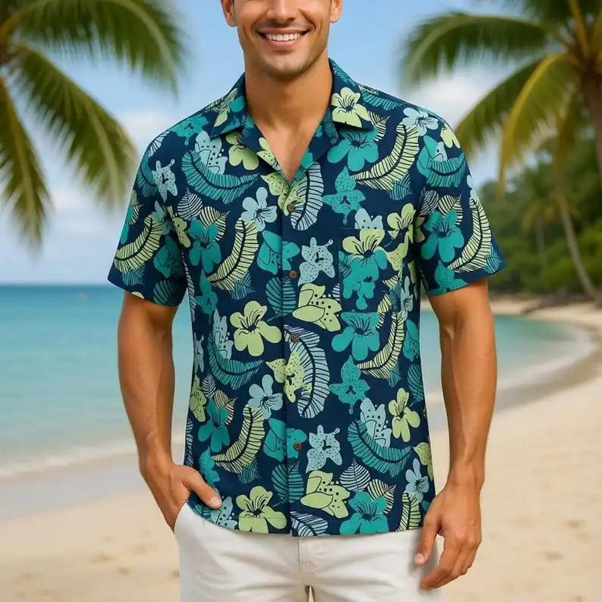 Blue and Yellow Flower Palm Leaves Family Matching Shirts Set - ChildAngle Hawaiian Matching Family Shirts for Beach Vacation