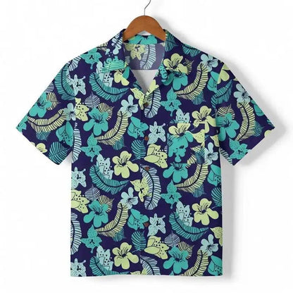 Blue and Yellow Flower Palm Leaves Family Matching Shirts Set - ChildAngle Hawaiian Matching Family Shirts for Beach Vacation