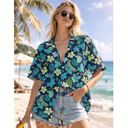 Blue and Yellow Flower Palm Leaves Family Matching Shirts Set - ChildAngle Hawaiian Matching Family Shirts for Beach Vacation