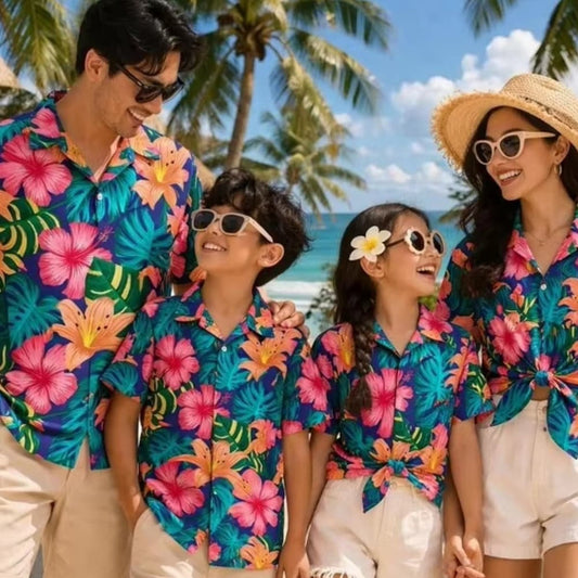 Hawaiian Matching Family Shirts Set for Vacation Tropical Flower Palm Leaves Beach Outfits - ChildAngle