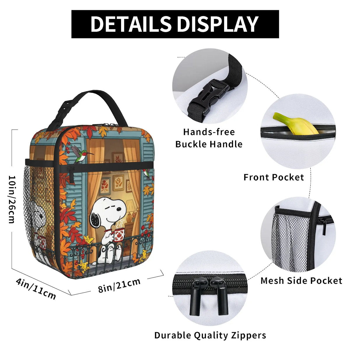 Holiday Easter Halloween Snoopy Lunch Bag Tote with Side Mesh Pocket - ChildAngle