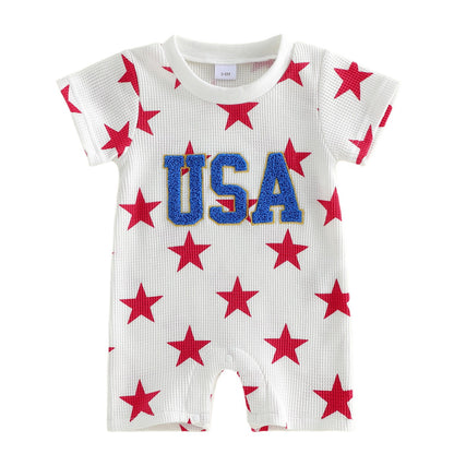 Ribbed Infant 4th of July Baby Romper Allover Star USA Letter Print Clothes - ChildAngle