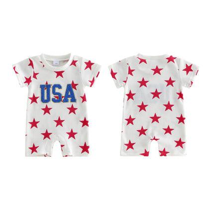 Ribbed Infant 4th of July Baby Romper Allover Star USA Letter Print Clothes - ChildAngle