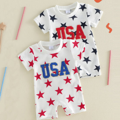 Ribbed Infant 4th of July Baby Romper Allover Star USA Letter Print Clothes - ChildAngle