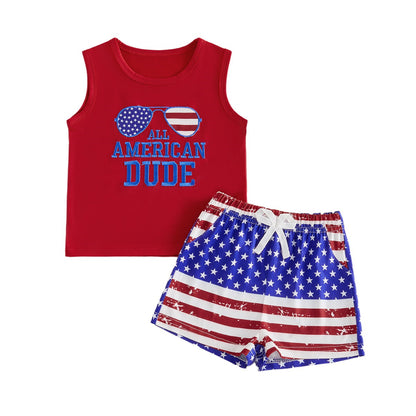 Red tank top with 'All American Dude' text and American flag shorts - ChildAngle Toddler Boy 4th of Julyl Tank Top and Shorts