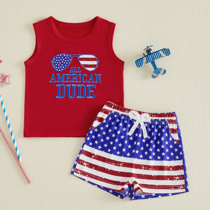 Red tank top with 'All American Dude' text and American flag shorts - ChildAngle Toddler Boy 4th of Julyl Tank Top and Shorts