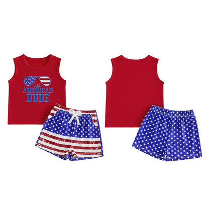 Red tank top with 'All American Dude' text and American flag shorts - ChildAngle Toddler Boy 4th of Julyl Tank Top and Shorts