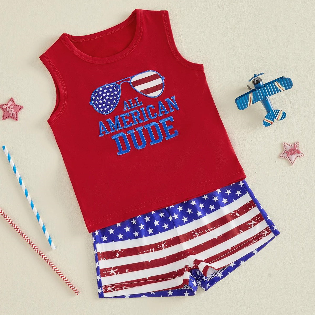 Red tank top with 'All American Dude' text and American flag shorts - ChildAngle Toddler Boy 4th of Julyl Tank Top and Shorts