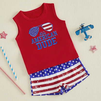 Red tank top with 'All American Dude' text and American flag shorts - ChildAngle Toddler Boy 4th of Julyl Tank Top and Shorts