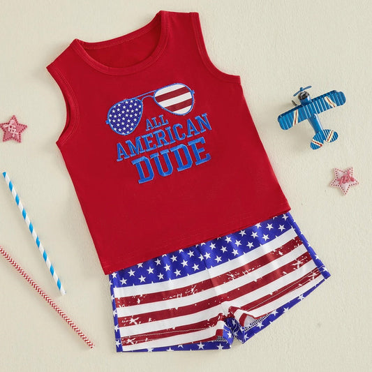 Red tank top with 'All American Dude' text and American flag shorts - ChildAngle Toddler Boy 4th of Julyl Tank Top and Shorts