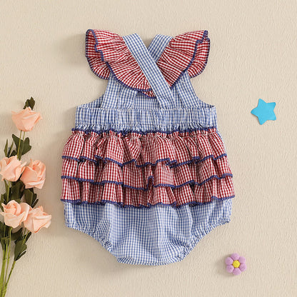 Baby rompers with American flag design flutter shoulder plaid checkered baby outfits - ChildAngle