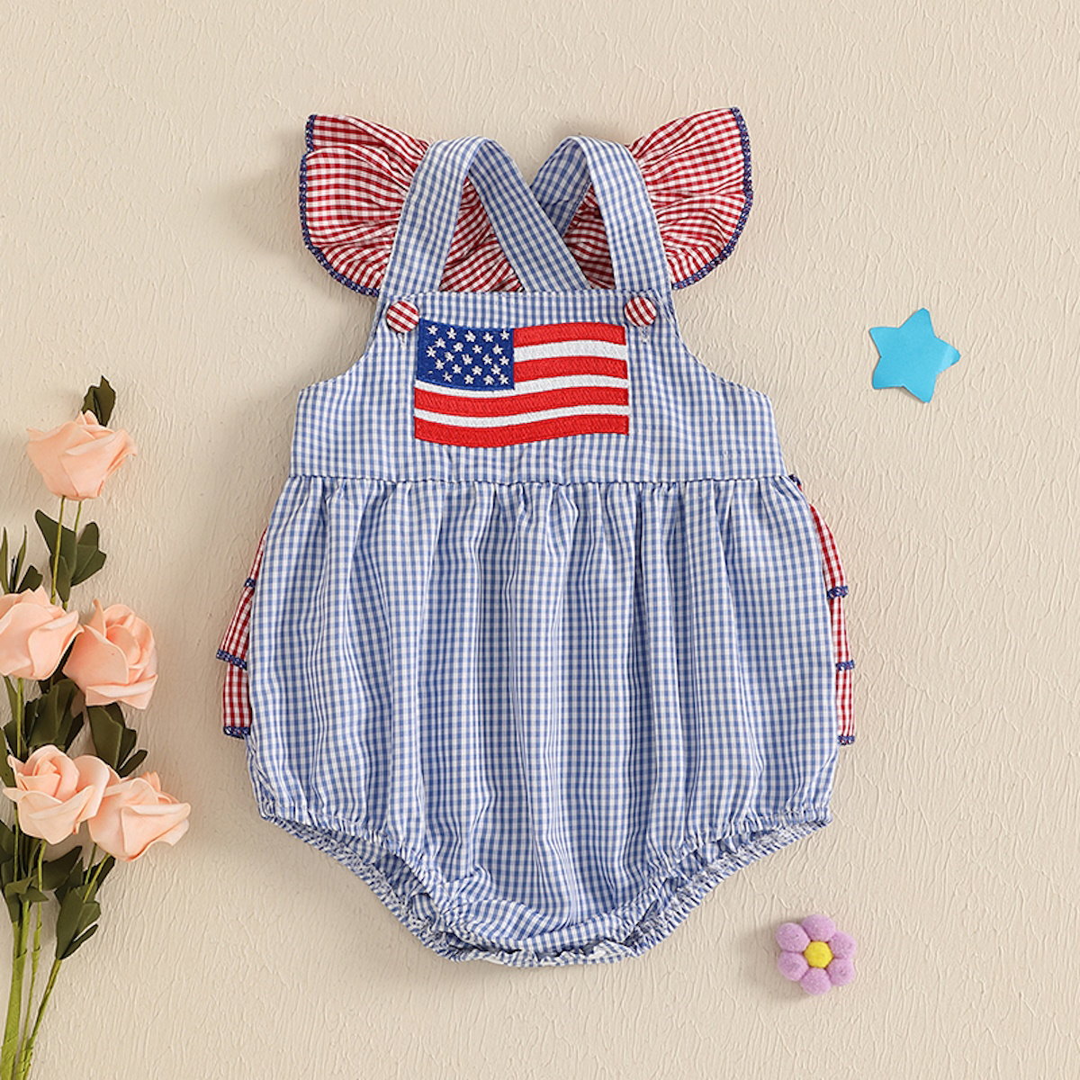 Baby rompers with American flag design flutter shoulder plaid checkered baby outfits - ChildAngle