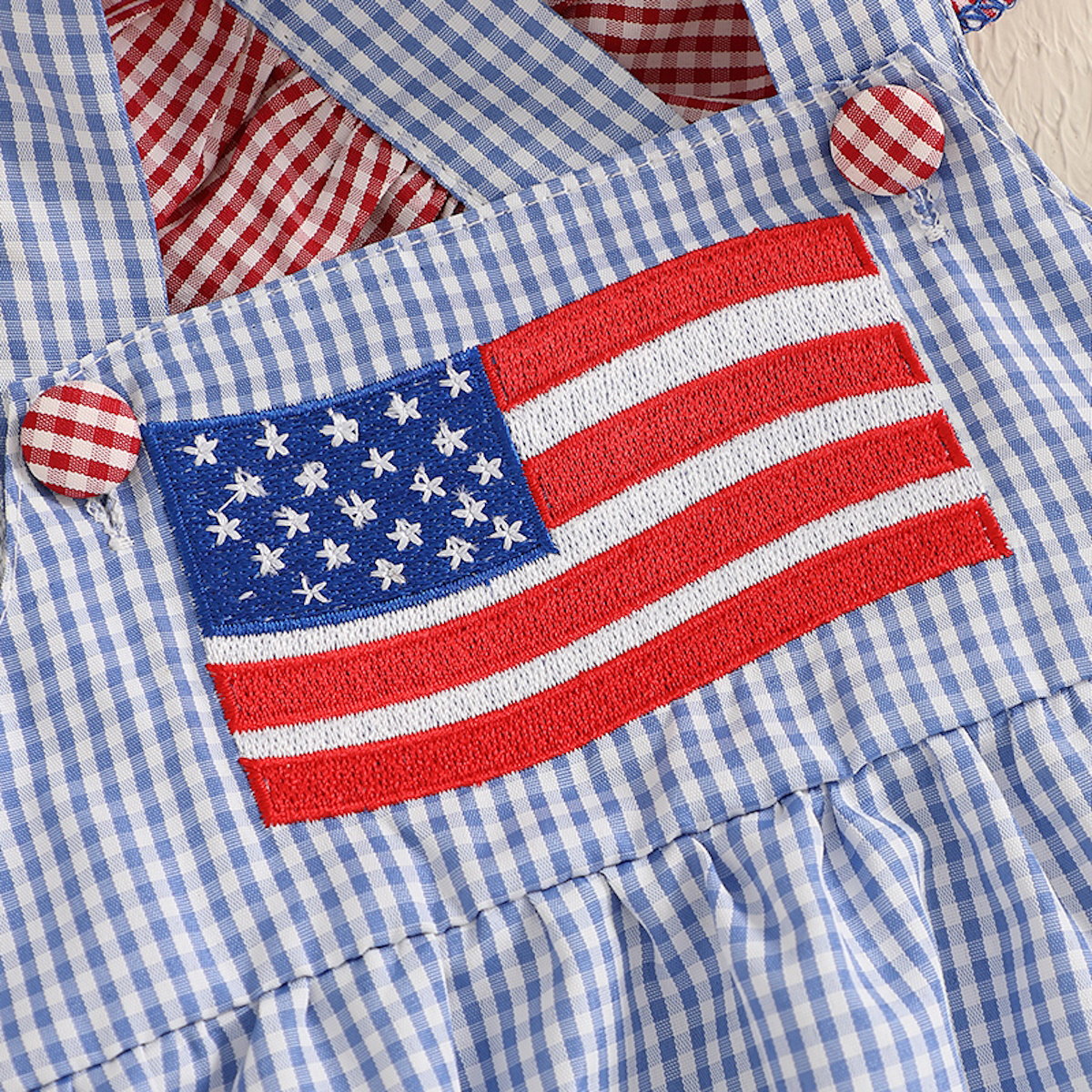 Baby rompers with American flag design flutter shoulder plaid checkered baby outfits - ChildAngle
