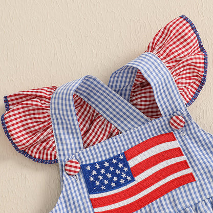Baby rompers with American flag design flutter shoulder plaid checkered baby outfits - ChildAngle