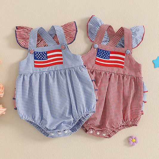 Baby rompers with American flag design flutter shoulder plaid checkered baby outfits - ChildAngle