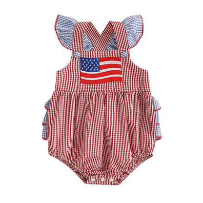 Baby rompers with American flag design flutter shoulder plaid checkered baby outfits - ChildAngle