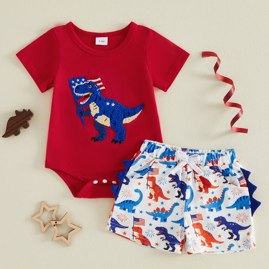 Dinosaur Carrying American Flag Infant Boys Dinosaur 4th of July Outfits - ChildAngle
