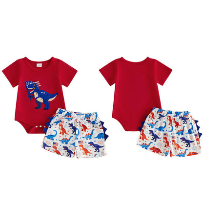 Dinosaur Carrying American Flag Infant Boys Dinosaur 4th of July Outfits - ChildAngle