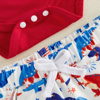 Dinosaur Carrying American Flag Infant Boys Dinosaur 4th of July Outfits - ChildAngle