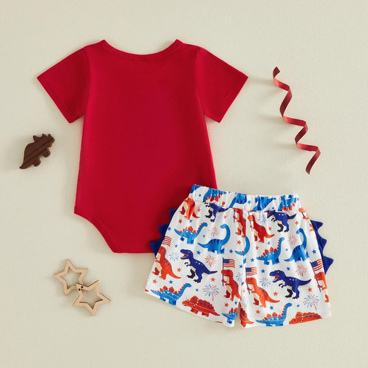 Dinosaur Carrying American Flag Infant Boys Dinosaur 4th of July Outfits - ChildAngle